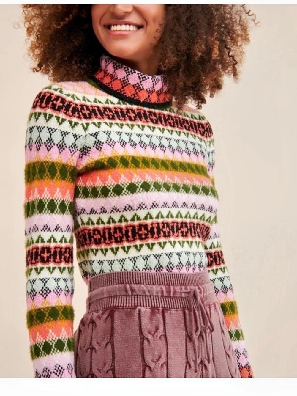 Maeve Carol Fair Isle Sweater in Pink & Green Size Small NWT